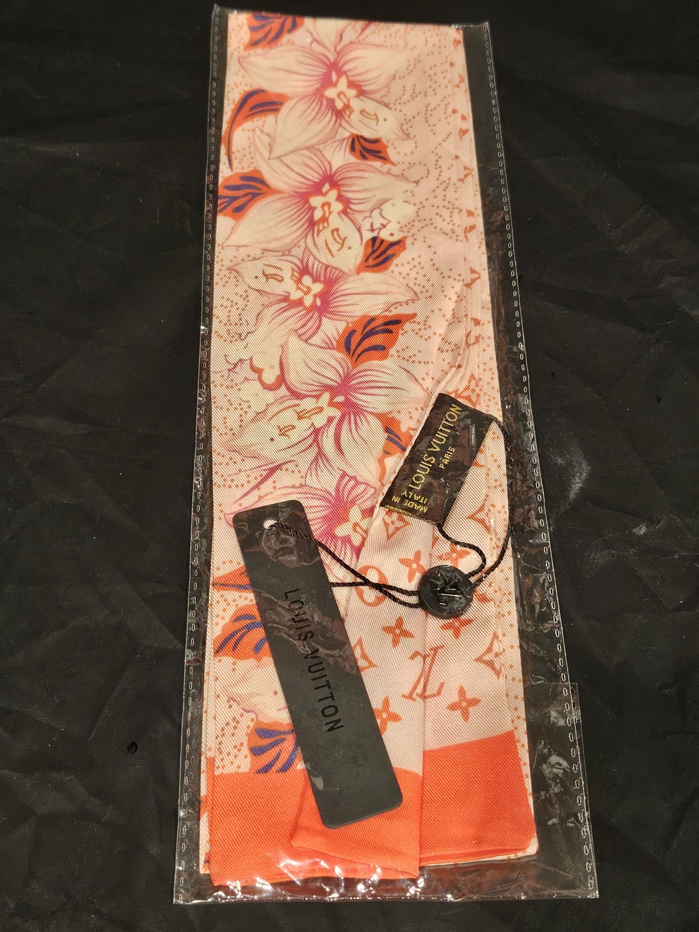Louis Vuitton Cream Silk Scarf with Orange Monogram Motifs